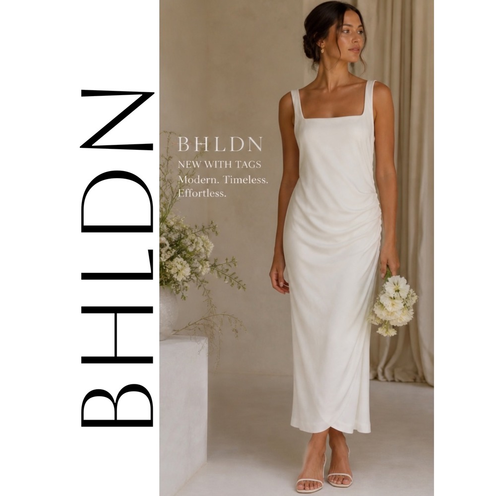 BHLDN White Ruched Andie‎ Midi Dress Square Neck Sleeveless Bridal Minimalist, L